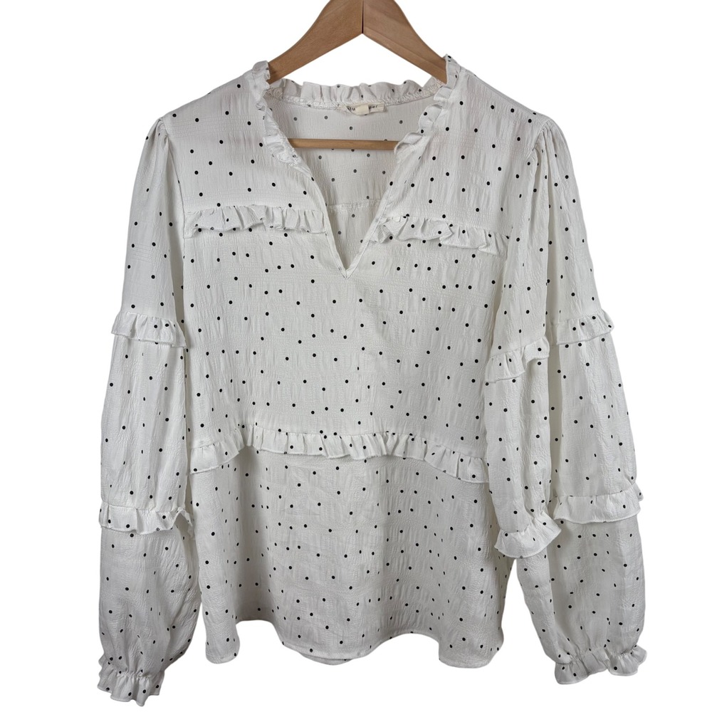 Blu Pepper Polka Dot Ruffle Blouse Womens M Tiered V-Neck Long-Sleeve White Boho